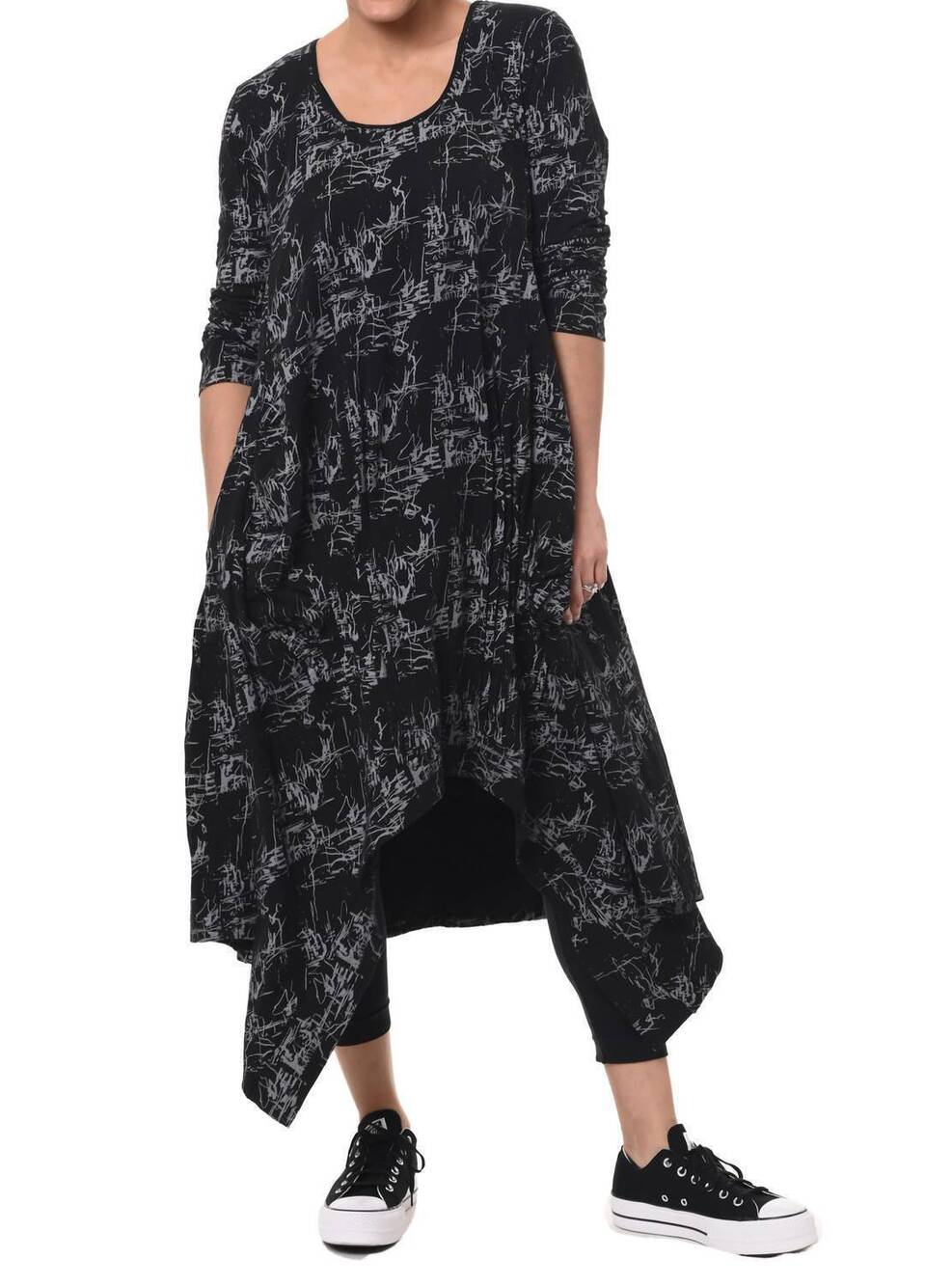 NEW TULIP CLOTHING lexi asymmetrical dress in black canyon etchiing